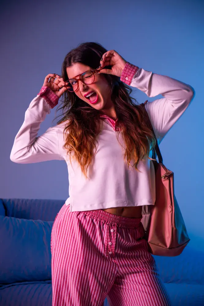 Model wearing a Frambô piece in a campaign portrait.