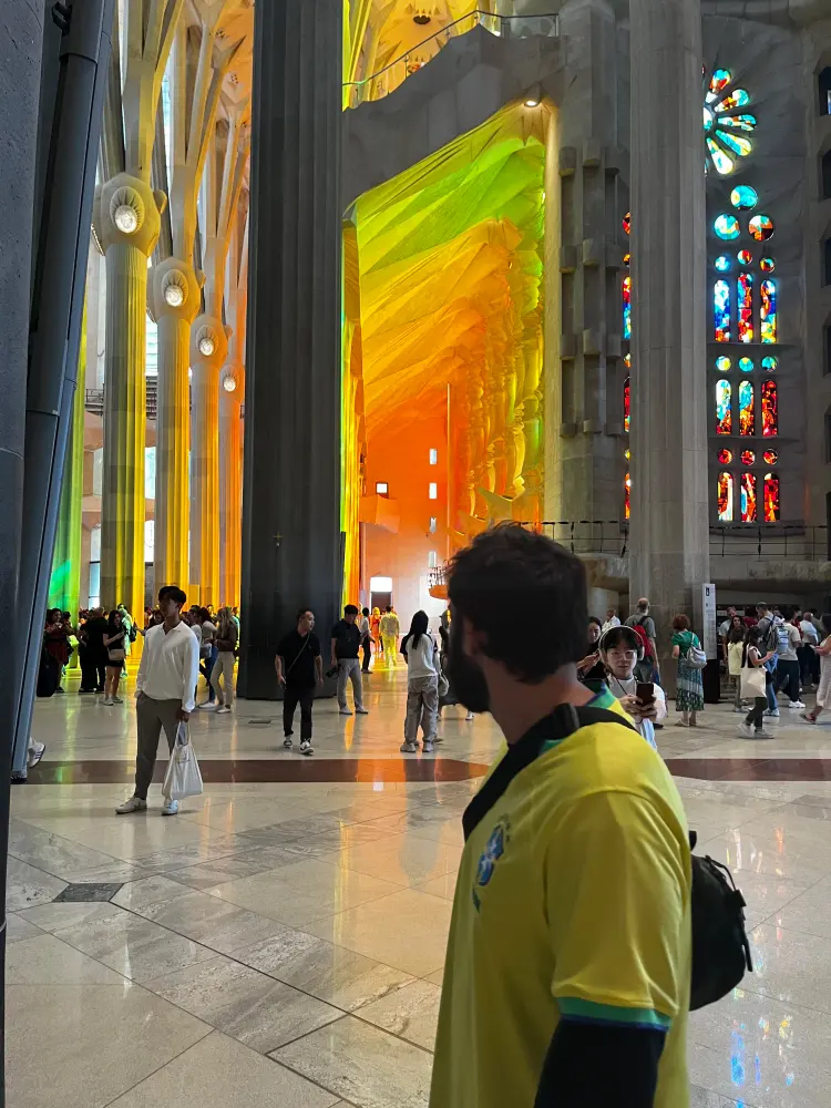 The colorful interior of the Sagrada Família in Barcelona.